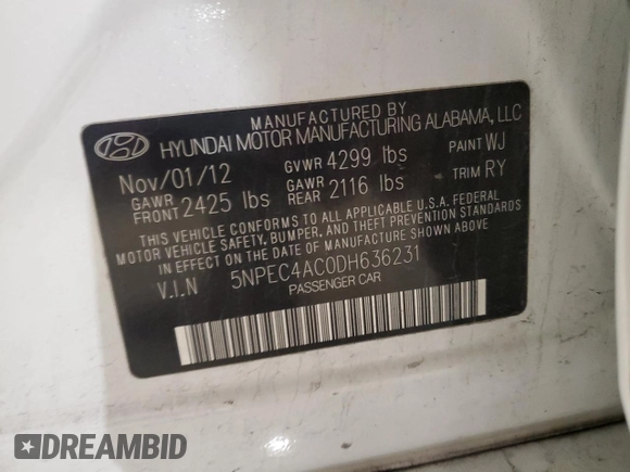 2013 Hyundai Sonata Limited with VIN 5NPEC4AC0DH636231, listed as a Copart auction lot 43065435 with 140,394 mi miles and Salvage Title. Bid and sale history available at DreamBid. Image 12.
