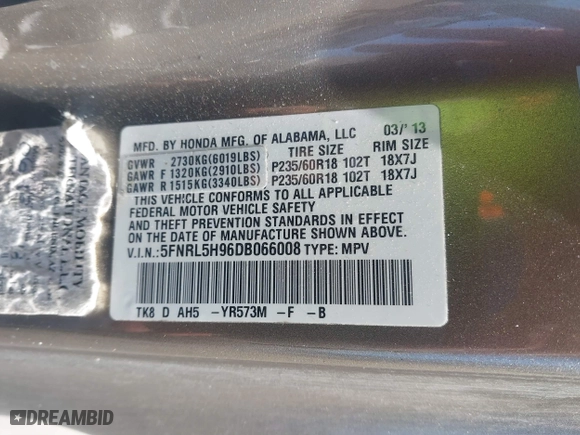 2013 Honda Odyssey Touring with VIN 5FNRL5H96DB066008, listed as a IAAI auction lot 41734055 with 120,292 mi miles. Bid and sale history available at carsss.com. Image 9.