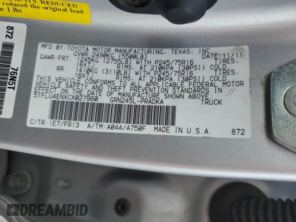 2012 Toyota Tacoma with VIN 5TFLU4ENXCX027960, listed as a Copart auction lot 60689025 with 209,480 mi miles and Salvage title. Bid and sale history available at DreamBid. Image 13.