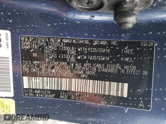 2018 Toyota Sienna XLE with VIN 5TDDZ3DC9JS196337, listed as a Copart auction lot 56890985 with 195,104 mi miles and Salvage title. Bid and sale history available at DreamBid. Image 14.