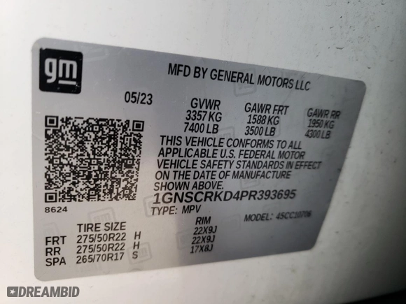 2023 Chevrolet Tahoe RST with VIN 1GNSCRKD4PR393695, listed as a Copart auction lot 45428455 with 0 mi miles and Salvage Title. Bid and sale history available at carsss.com. Image 15.