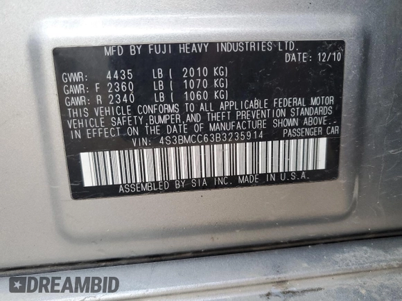 2011 Subaru Legacy Premium with VIN 4S3BMCC63B3235914, listed as a Copart auction lot 53486855 with 111,034 mi miles and Clean title. Bid and sale history available at DreamBid. Image 13.