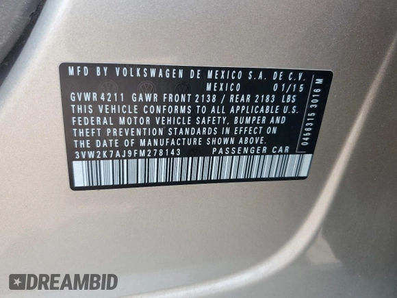 2015 Volkswagen Jetta S с VIN 3VW2K7AJ9FM278143, выставлен на аукционе Copart как лот 58968425 с пробегом 125 220 миль миль и Списание • Salvage title. История ставок и продаж доступна на DreamBid. Изображение 12.