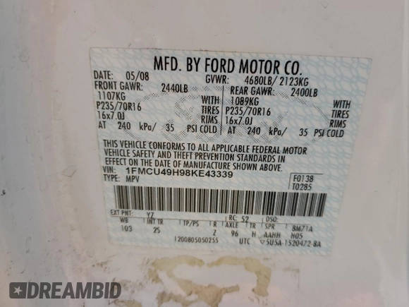 2008 Ford Escape Hybrid with VIN 1FMCU49H98KE43339, listed as a Copart auction lot 84792094 with 149,822 mi miles and Clean title. Bid and sale history available at DreamBid. Image 13.