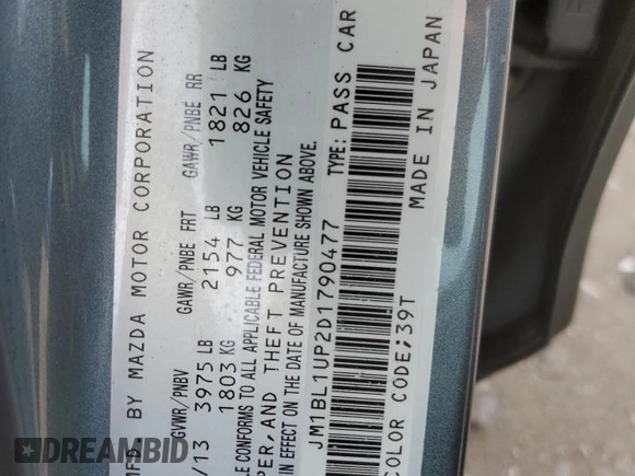 2013 Mazda 3 i Sport with VIN JM1BL1UP2D1790477, listed as a Copart auction lot 57249185 with 104,480 mi miles and Clean title. Bid and sale history available at DreamBid. Image 12.