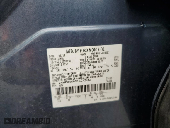2019 Ford Edge SE с VIN 2FMPK4G91KBC42913, выставлен на аукционе Copart как лот 61170335 с пробегом 42 236 миль миль и Списание • Salvage title. История ставок и продаж доступна на DreamBid. Изображение 13.