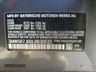 2020 BMW 3 Series 330i xDrive with VIN 3MW5R7J00L8B30533, listed as a Copart auction lot 61951272 with 1,773 mi miles and . Bid and sale history available at DreamBid. Image 10.