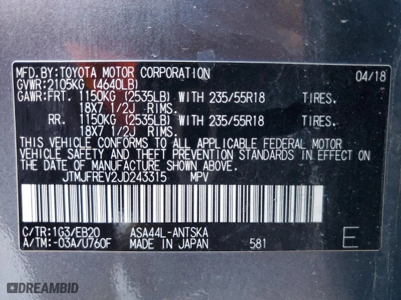 2018 Toyota RAV4 SE with VIN JTMJFREV2JD243315, listed as a Copart auction lot 66273343 with 68,819 mi miles. Bid and sale history available at carsss.com. Image 15.