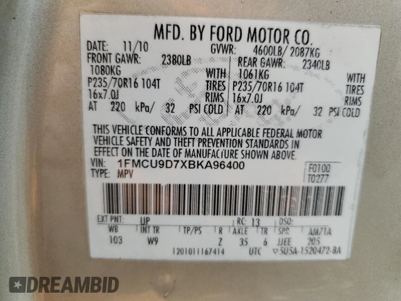 2011 Ford Escape XLT z VIN 1FMCU9D7XBKA96400, wystawiony jako Copart lot #53159585 z przebiegiem 119 962 mil mil oraz Czysty tytuł • Clean title. Historia ofert i sprzedaży dostępna na DreamBid. Obrazek 12.