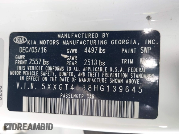 2017 Kia Optima LX with VIN 5XXGT4L38HG139645, listed as a IAAI auction lot 42054556 with 110,589 mi miles and . Bid and sale history available at carsss.com. Image 9.