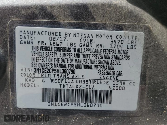 2017 Nissan Note SV with VIN 3N1CE2CP5HL360790, listed as a Copart auction lot 57073065 with 122,998 mi miles and Salvage title. Bid and sale history available at DreamBid. Image 13.