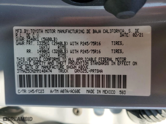 2021 Toyota Tacoma 2WD SR5 with VIN 3TMAZ5CN2MM148474, listed as a Copart auction lot 53199125 with 37,362 mi miles and Salvage Title. Bid and sale history available at carsss.com. Image 12.