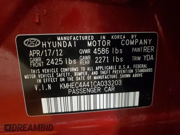 2012 Hyundai Sonata Hybrid with VIN KMHEC4A41CA033203, listed as a Copart auction lot 54415735 with 105,048 mi miles and Non Repairable. Bid and sale history available at DreamBid. Image 12.