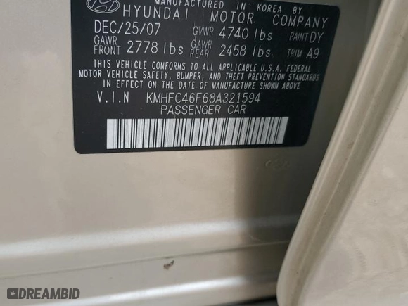 2008 Hyundai Azera Limited with VIN KMHFC46F68A321594, listed as a Copart auction lot 66978794 with 211,321 mi miles and Salvage Title. Bid and sale history available at carsss.com. Image 14.