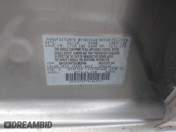 2013 Nissan Versa S with VIN 3N1CN7AP7DL863764, listed as a IAAI auction lot 42668032 with 101,000 mi miles and . Bid and sale history available at DreamBid. Image 9.