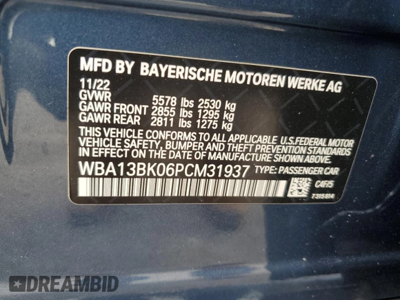 2023 BMW 5 Series M550i xDrive with VIN WBA13BK06PCM31937, listed as a Copart auction lot 66490494 with 24,972 mi miles and Salvage title. Bid and sale history available at DreamBid. Image 12.