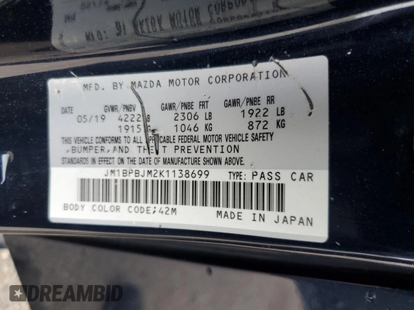 2019 Mazda 3 с VIN JM1BPBJM2K1138699, выставлен на аукционе Copart как лот 58091875 с пробегом 78 892 миль миль и Списание • Salvage title. История ставок и продаж доступна на DreamBid. Изображение 12.