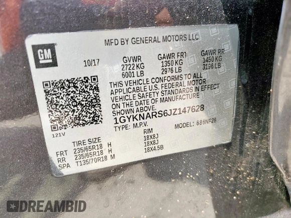 2018 Cadillac XT5 FWD with VIN 1GYKNARS6JZ147628, listed as a Copart auction lot 57516595 with 113,092 mi miles and Non repairable. Bid and sale history available at DreamBid. Image 12.