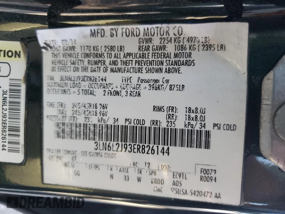 2014 Lincoln MKZ with VIN 3LN6L2J93ER826144, listed as a Copart auction lot 59039275 with 74,696 mi miles and Salvage title. Bid and sale history available at DreamBid. Image 12.