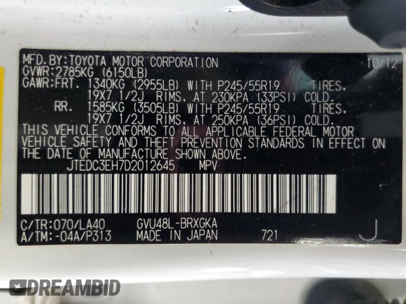 2013 Toyota Highlander Hybrid Limited with VIN JTEDC3EH7D2012645, listed as a Copart auction lot 71956554 with 202,908 mi miles and Clean Title. Bid and sale history available at carsss.com. Image 13.
