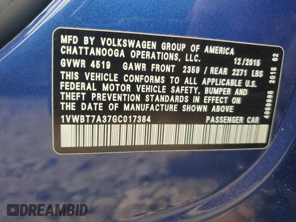 2016 Volkswagen Passat SE with VIN 1VWBT7A37GC017384, listed as a Copart auction lot 59661115 with 188,178 mi miles and Salvage title. Bid and sale history available at DreamBid. Image 12.
