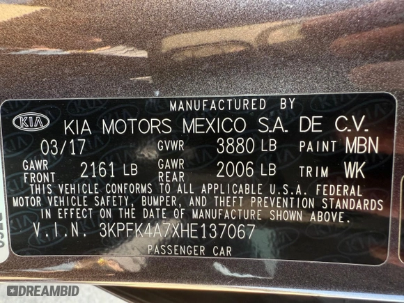 2017 Kia Forte LX with VIN 3KPFK4A7XHE137067, listed as a Copart auction lot 51532955 with 126,645 mi miles and Clean Title. Bid and sale history available at carsss.com. Image 10.