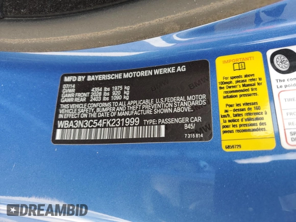 2015 BMW 4 Series 428i with VIN WBA3N3C54FK231999, listed as a Copart auction lot 47919085 with 116,634 mi miles and Salvage Title. Bid and sale history available at DreamBid. Image 14.