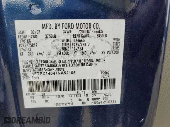 2007 Ford F-150 XLT with VIN 1FTPX14547NA52105, listed as a Copart auction lot 65499124 with 184,671 mi miles and Non repairable. Bid and sale history available at DreamBid. Image 13.
