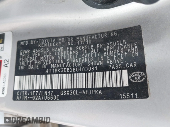 2011 Toyota Avalon with VIN 4T1BK3DB2BU403081, listed as a IAAI auction lot 42423865 with 204,371 mi miles and . Bid and sale history available at DreamBid. Image 9.