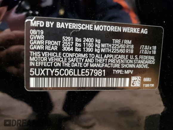 2020 BMW X3 xDrive30i with VIN 5UXTY5C06LLE57981, listed as a Copart auction lot 52545775 with Not Provided miles and Salvage Title. Bid and sale history available at DreamBid. Image 14.