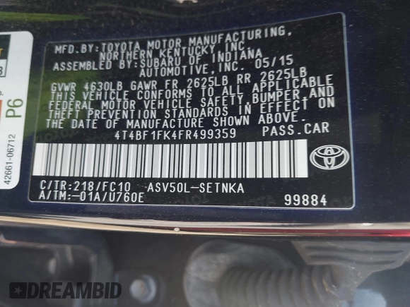 2015 Toyota Camry XLE with VIN 4T4BF1FK4FR499359, listed as a IAAI auction lot 41893619 with 1 mi miles. Bid and sale history available at carsss.com. Image 9.