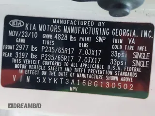 2011 Kia Sorento LX with VIN 5XYKT3A16BG130502, listed as a IAAI auction lot 41281912 with 112,761 mi miles. Bid and sale history available at carsss.com. Image 9.