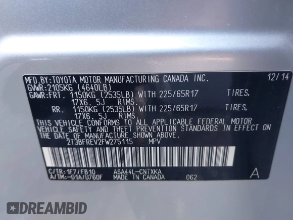 2015 Toyota RAV4 LE с VIN 2T3BFREV2FW275115, выставлен на аукционе IAAI как лот 41143981 с пробегом 98 257 миль миль и . История ставок и продаж доступна на DreamBid. Изображение 9.