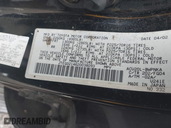 2002 Toyota Highlander with VIN JTEGD21A620038093, listed as a IAAI auction lot 42303785 with 205,743 mi miles and . Bid and sale history available at DreamBid. Image 9.