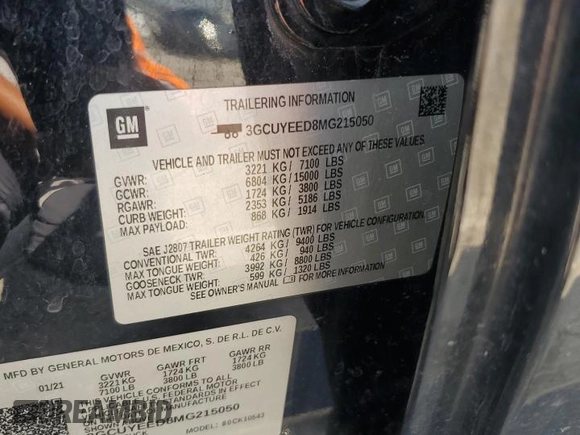 2021 Chevrolet Silverado 1500 RST with VIN 3GCUYEED8MG215050, listed as a Copart auction lot 58161824 with 86,409 mi miles and Salvage Title. Bid and sale history available at DreamBid. Image 14.