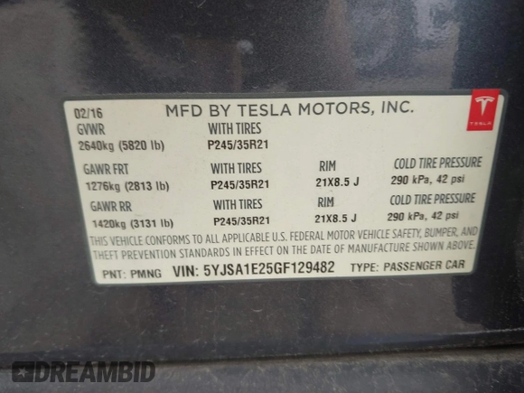 2016 Tesla Model S 90D with VIN 5YJSA1E25GF129482, listed as a IAAI auction lot 42588913 with 101,790 mi miles and . Bid and sale history available at DreamBid. Image 9.