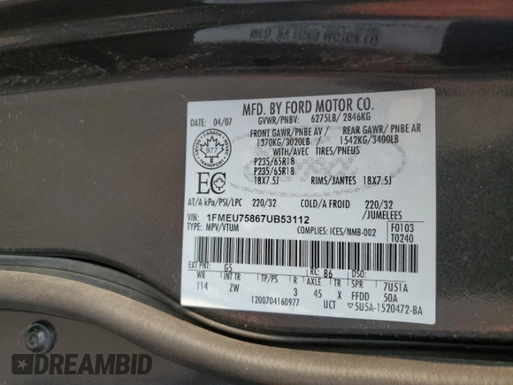 2007 Ford Explorer Limited с VIN 1FMEU75867UB53112, выставлен на аукционе Copart как лот 64616574 с пробегом 235 296 миль миль и Списание • Salvage title. История ставок и продаж доступна на DreamBid. Изображение 13.