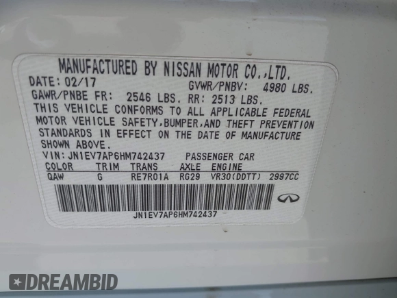 2017 Infiniti Q50 Premium with VIN JN1EV7AP6HM742437, listed as a IAAI auction lot 42018723 with 85,608 mi miles and . Bid and sale history available at DreamBid. Image 9.