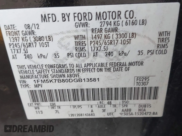 2013 Ford Explorer z VIN 1FM5K7B80DGB13581, wystawiony jako IAAI lot #42259886 z przebiegiem 167 850 mil mil oraz . Historia ofert i sprzedaży dostępna na DreamBid. Obrazek 9.