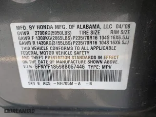2008 Honda Pilot EX-L with VIN 5FNYF18598B057446, listed as a IAAI auction lot 42063418 with 181,749 mi miles. Bid and sale history available at carsss.com. Image 9.