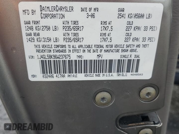 2006 Jeep Liberty Limited z VIN 1J4GL58K96W237675, wystawiony jako Copart lot #61155635 z przebiegiem 121 285 mil mil oraz Szkoda całkowita • Salvage title. Historia ofert i sprzedaży dostępna na DreamBid. Obrazek 13.
