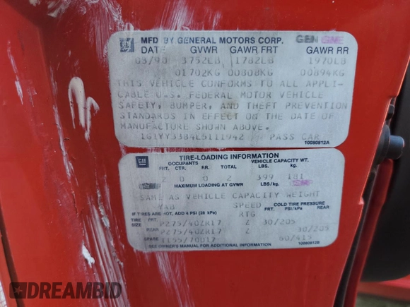 1990 Chevrolet Corvette z VIN 1G1YY3384L5111942, wystawiony jako Copart lot #75481214 z przebiegiem 91 731 mil mil oraz Szkoda całkowita • Salvage title. Historia ofert i sprzedaży dostępna na DreamBid. Obrazek 12.
