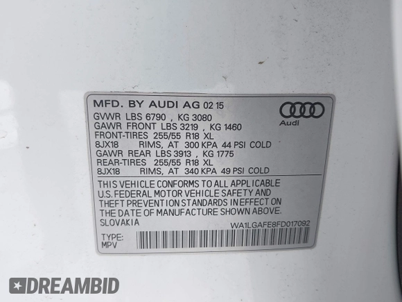 2015 Audi Q7 Premium Plus with VIN WA1LGAFE8FD017092, listed as a IAAI auction lot 42073593 with 105,593 mi miles and . Bid and sale history available at DreamBid. Image 9.