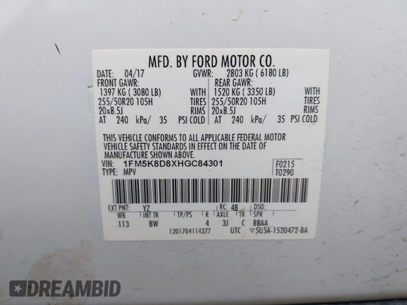 2017 Ford Explorer XLT z VIN 1FM5K8D8XHGC84301, wystawiony jako IAAI lot #42270431 z przebiegiem Nie podano mil oraz . Historia ofert i sprzedaży dostępna na DreamBid. Obrazek 9.
