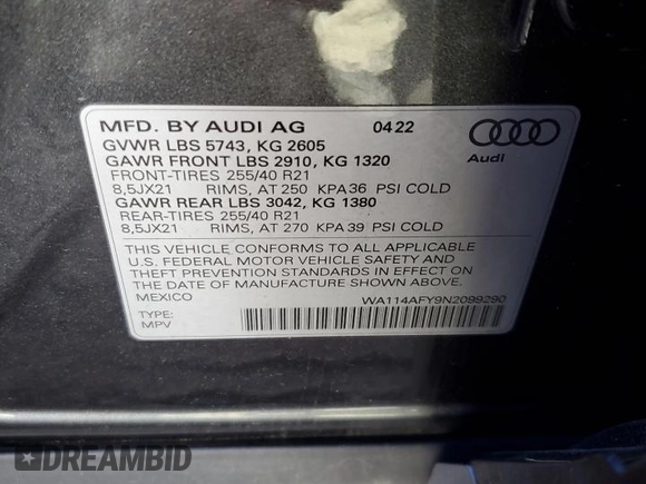 2022 Audi SQ5 Sportback Premium with VIN WA114AFY9N2099290, listed as a Copart auction lot 43621694 with 18,257 mi miles and . Bid and sale history available at DreamBid. Image 12.