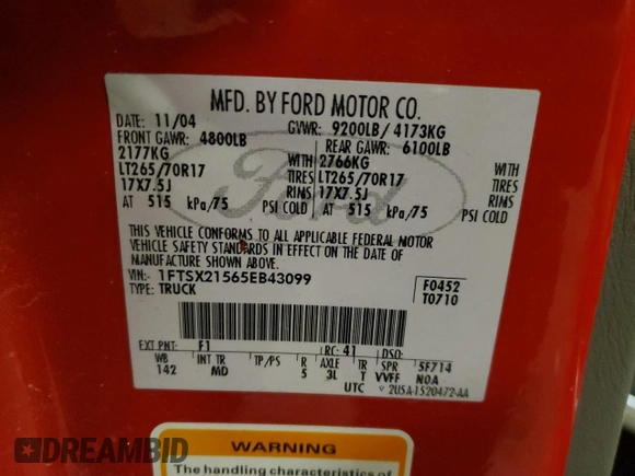2005 Ford F-250 XL с VIN 1FTSX21565EB43099, выставлен на аукционе Copart как лот 47590915 с пробегом 160 810 миль миль и На запчасти • Non repairable. История ставок и продаж доступна на DreamBid. Изображение 12.