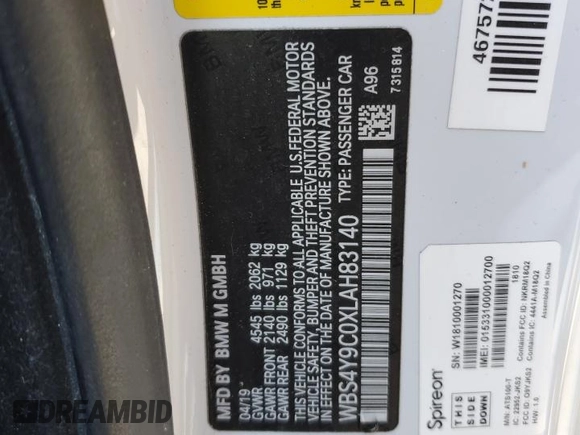 2020 BMW M4 z VIN WBS4Y9C0XLAH83140, wystawiony jako Copart lot #52553425 z przebiegiem 50 646 mil mil oraz Szkoda całkowita • Salvage title. Historia ofert i sprzedaży dostępna na DreamBid. Obrazek 12.