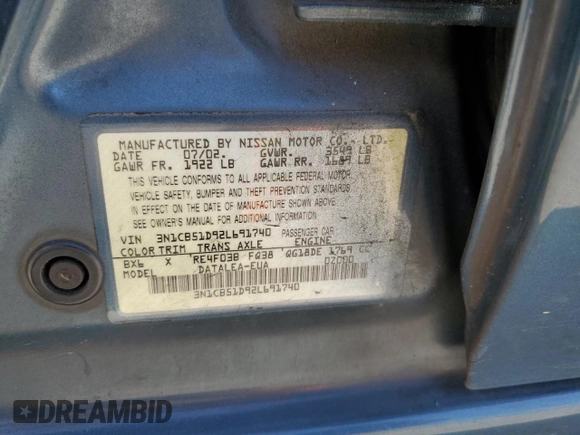 2002 Nissan Sentra GXE с VIN 3N1CB51D92L691740, выставлен на аукционе Copart как лот 52890695 с пробегом 174 978 миль миль и Списание • Salvage title. История ставок и продаж доступна на DreamBid. Изображение 13.