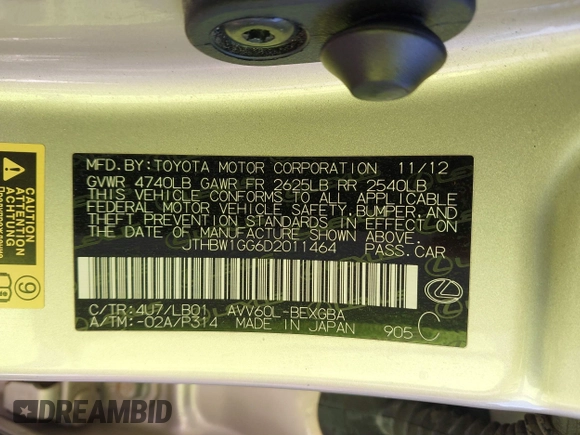 2013 Lexus ES 300h Hybrid with VIN JTHBW1GG6D2011464, listed as a IAAI auction lot 41838434 with 150,747 mi miles. Bid and sale history available at carsss.com. Image 9.