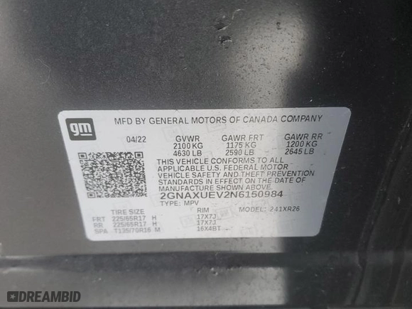 2022 Chevrolet Equinox LT with VIN 2GNAXUEV2N6150984, listed as a Copart auction lot 42928295 with 11,587 mi miles and Salvage Title. Bid and sale history available at carsss.com. Image 13.